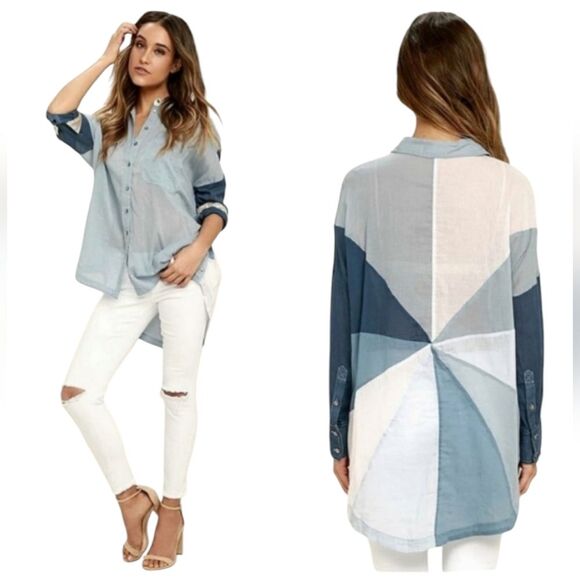 Free People 'Rainbow Rays' Blue Long Sleeve Flowy Top in Blue Combo Size XS - Picture 1 of 8